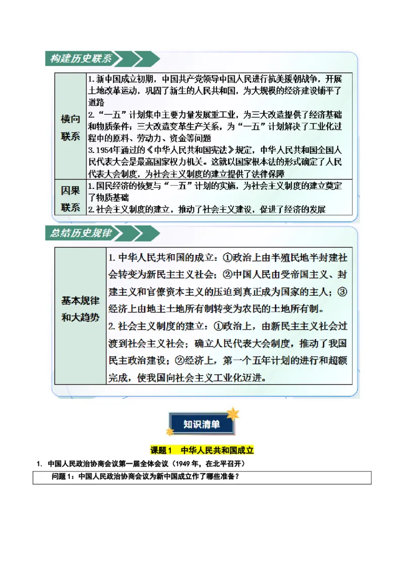 第一单元中华人民共和国成立和社会主义制度的建立（知识清单）历史新教材统编版八年级下册（答案版）_新八下历史_00、更新资料3月23日_新版_第一套_04.知识清单