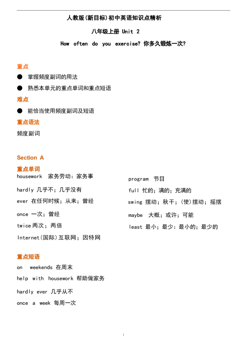 1_24秋《初中各科知识点梳理》_初中英语《知识梳理》7-9年级上下册_重点知识_人教版初中英语_上册_八上_UNIT2