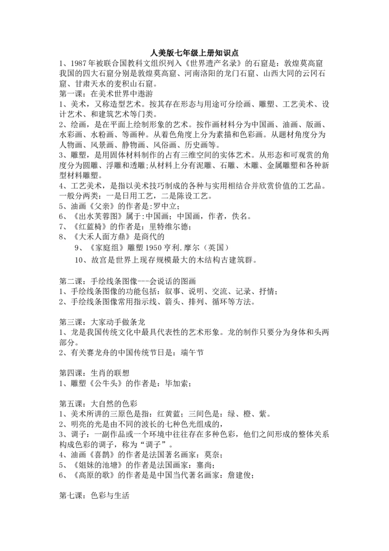 人美版七年级上册知识点_24秋《初中各科知识点梳理》_初中美术《知识梳理》7-9年级上下册_人美版初中美术7-9年级上下册知识梳理