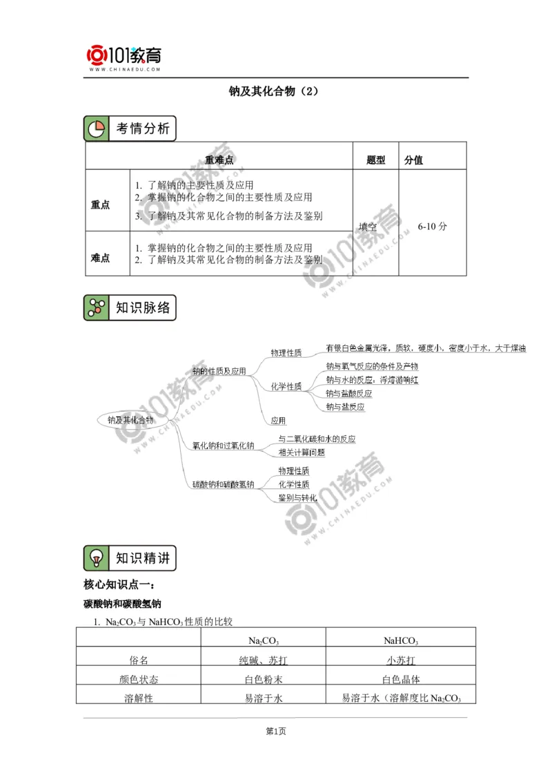 必修1第二章第一节钠及其化合物（2）_新人教版高中化学必修一、二_新人教版高中化学必修上册_101教育高一化学配套学案和练习