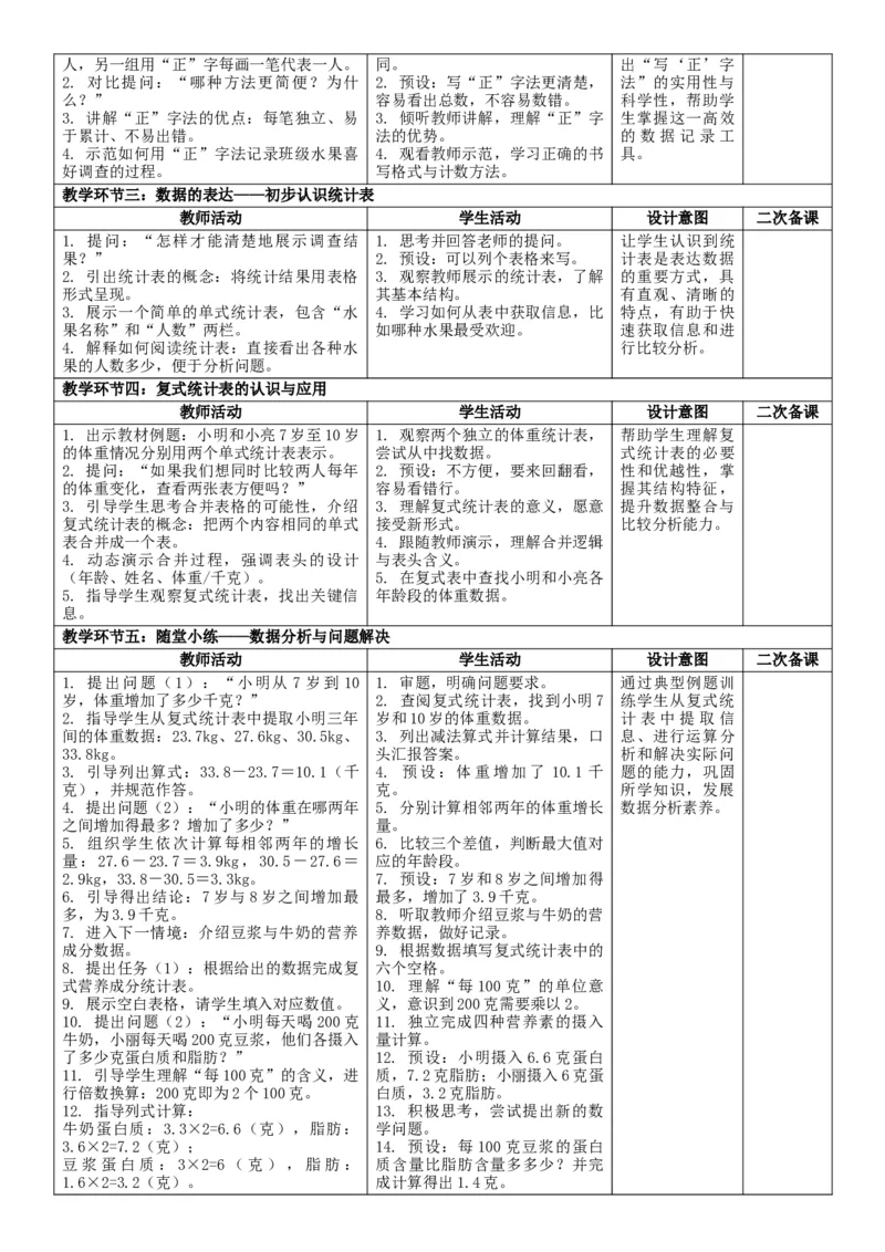7.3数据的收集、整理与表达核心素养教案（表格式）三年级下册数学人教版_26春人教版数学三下_00、教案3套完整版_第2套表格式核心素养教案-全册合在一起_课课教案
