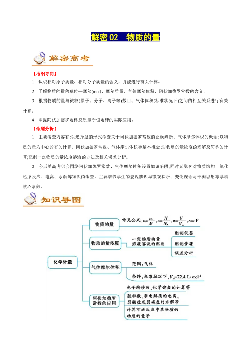 解密02物质的量（讲义）-高频考点解密2021年高考化学二轮复习讲义+分层训练（浙江专版）_05高考化学_新高考复习资料_2021新高考资料