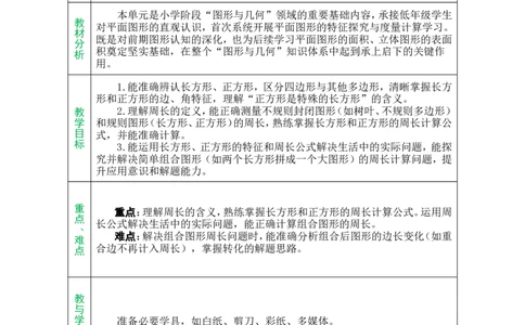 单元备课_26春人教版数学三下_00、教案3套完整版_第1套表格式教案_3长方形和正方形