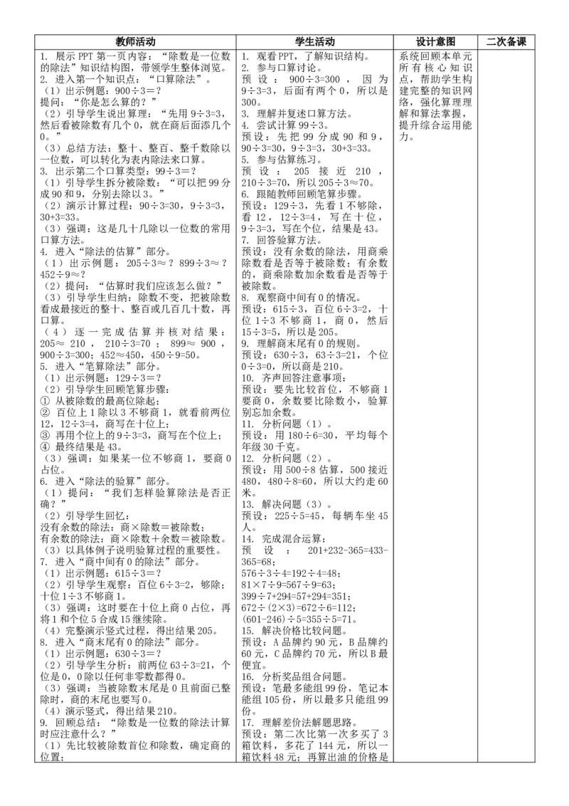 2.10整理和复习核心素养教案（表格式）三年级下册数学人教版_26春人教版数学三下_00、教案3套完整版_第2套表格式核心素养教案-全册合在一起_课课教案_第2单元除数是一位数的除法