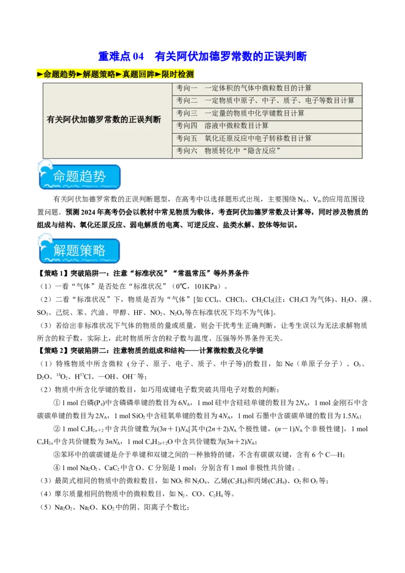 重难点04有关阿伏加德罗常数的正误判断-2024年高考化学热点&middot;重点&middot;难点专练（新高考专用）（原卷版）_05高考化学_2024年新高考资料_3.2024专项复习