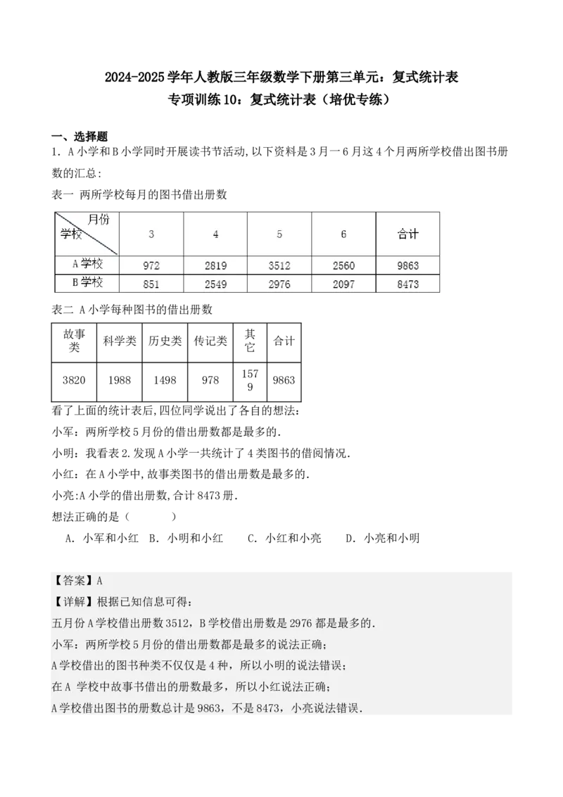 专项训练10：复式统计表（培优专练）（教师版）-（人教版）_26春人教版数学三下_00、更新资料3月18日_单元复习专项-K48_2025版