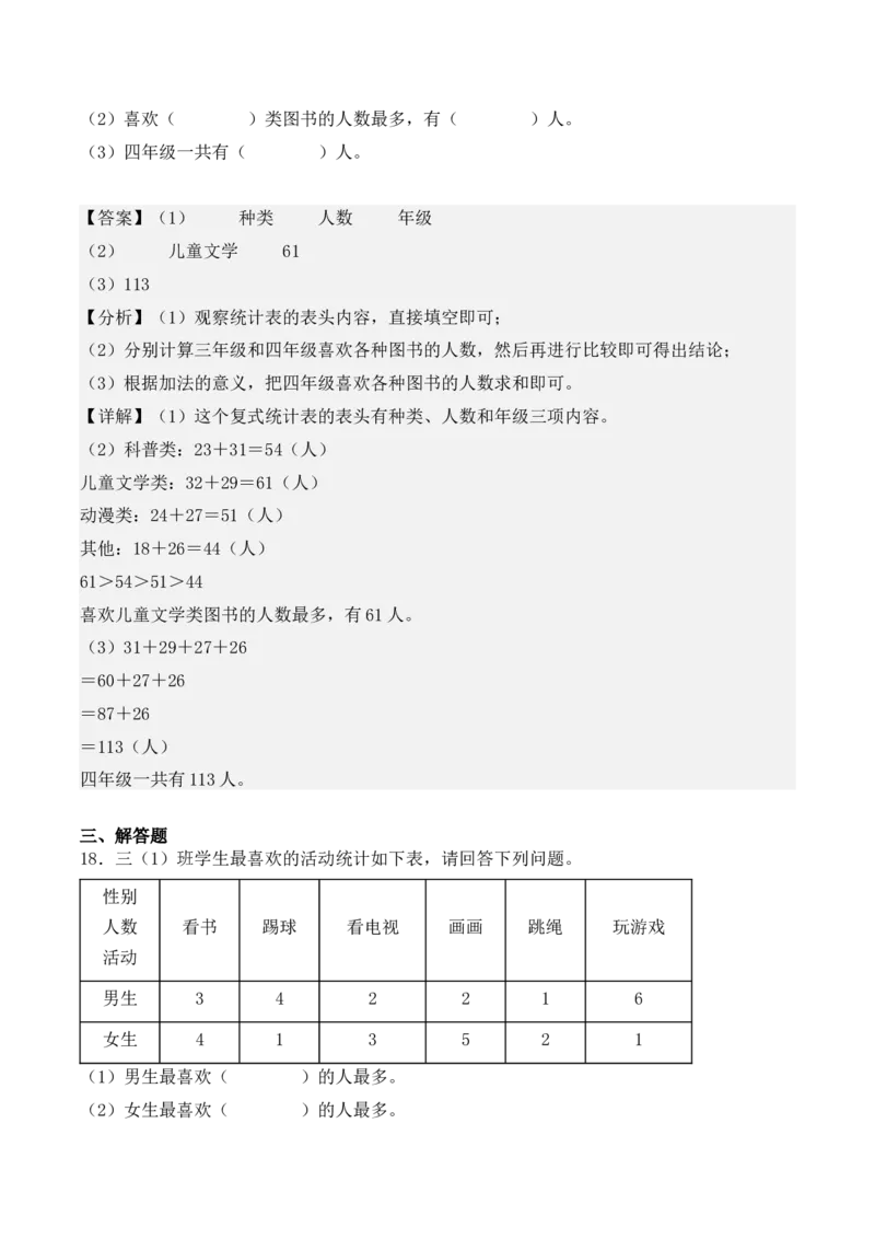 专项训练10：复式统计表（培优专练）（教师版）-（人教版）_26春人教版数学三下_00、更新资料3月18日_单元复习专项-K48_2025版