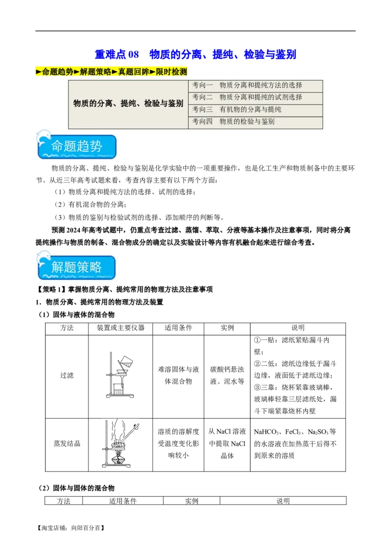 重难点08物质的分离、提纯、检验与鉴别-2024年高考化学热点&middot;重点&middot;难点专练（新高考专用）（解析版）_05高考化学_新高考复习资料_2024年新高考资料_❤专项复习资料