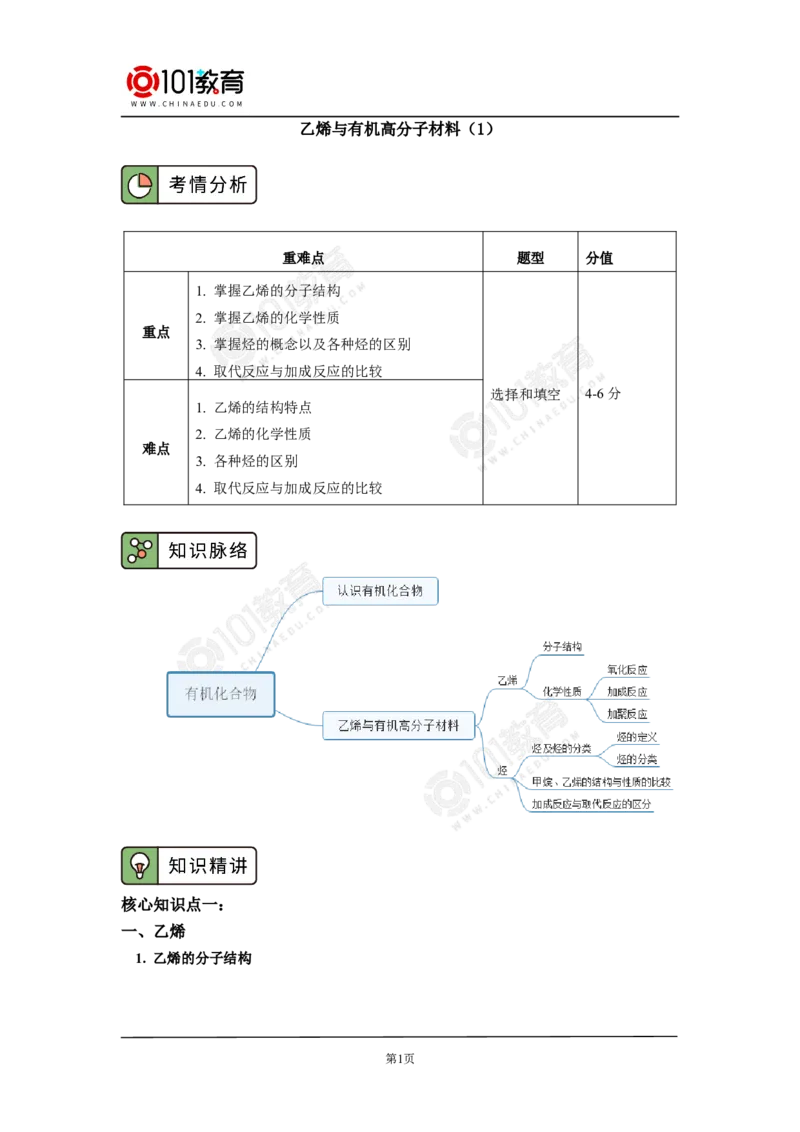 必修2第七章第二节乙烯与有机高分子材料（1）_新人教版高中化学必修一、二_新人教版高中化学必修下册_101教育学（下学期）配套学案和练习