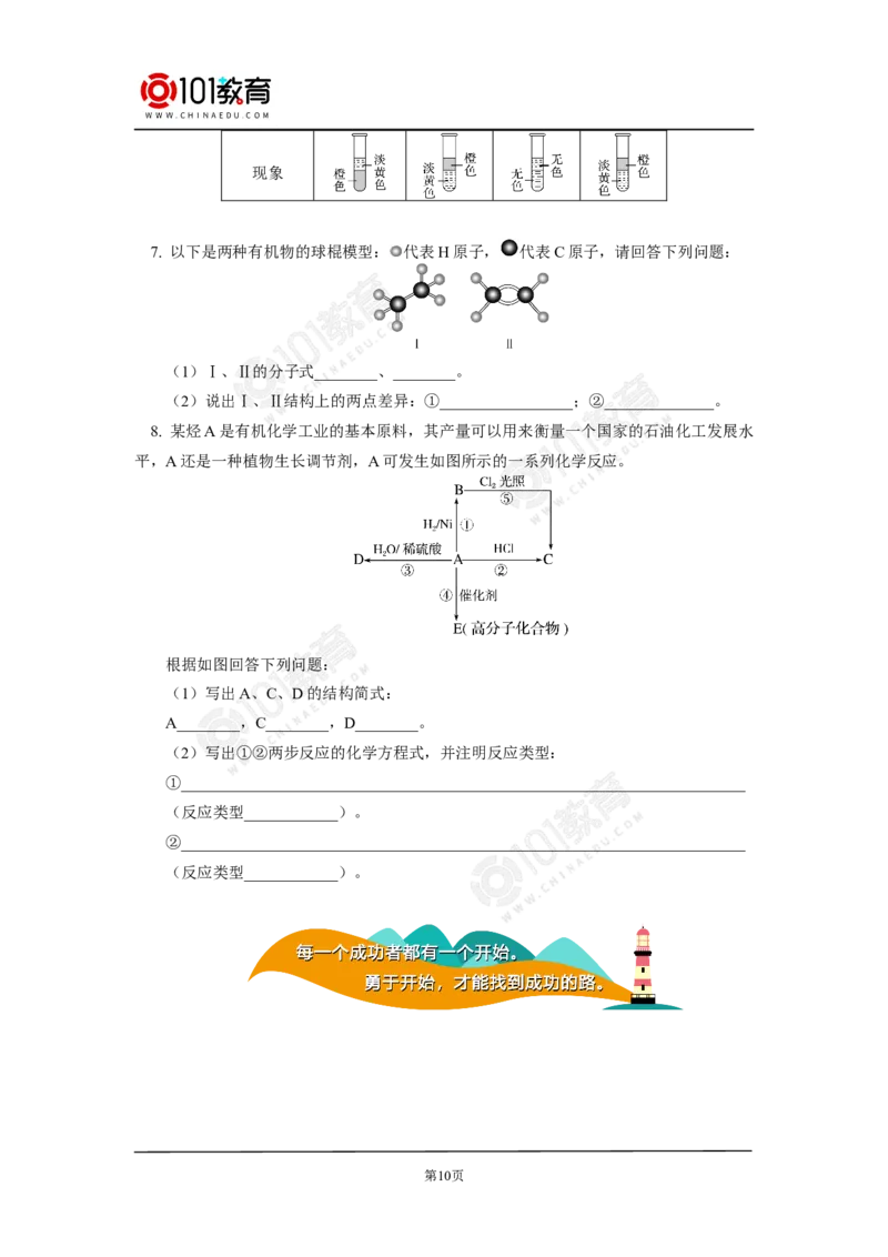 必修2第七章第二节乙烯与有机高分子材料（1）_新人教版高中化学必修一、二_新人教版高中化学必修下册_101教育学（下学期）配套学案和练习