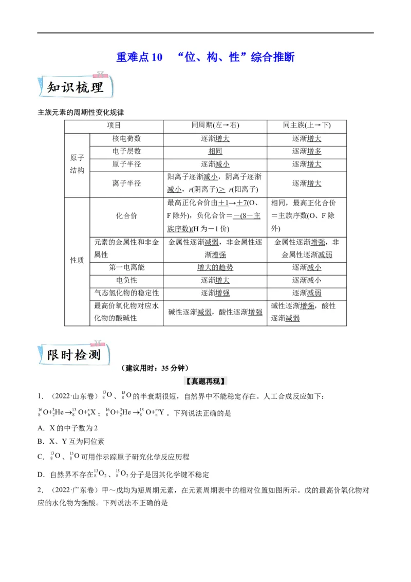 重难点10&ldquo;位、构、性&rdquo;综合推断（原卷版）_05高考化学_新高考复习资料_2023年新高考资料_专项复习_2023年高考化学热点&middot;重点&middot;难点专练（新高考专用）