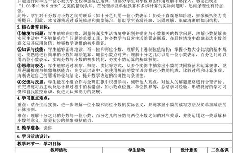 6.4整理和复习核心素养教案（表格式）三年级下册数学人教版_26春人教版数学三下_00、教案3套完整版_第2套表格式核心素养教案-全册合在一起_课课教案_第6单元小数的初步认识