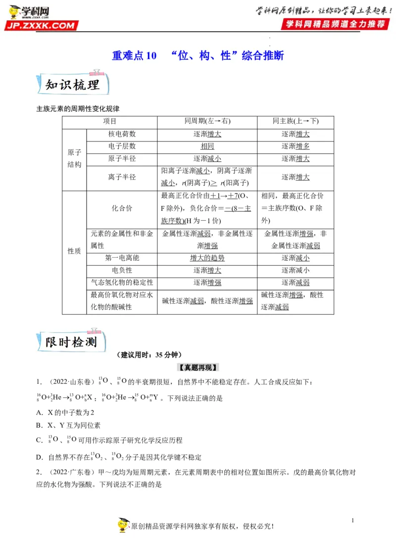 重难点10&ldquo;位、构、性&rdquo;综合推断（原卷版）_05高考化学_新高考复习资料_2023年新高考资料_专项复习_2023年高考化学热点&middot;重点&middot;难点专练（新高考专用）_560