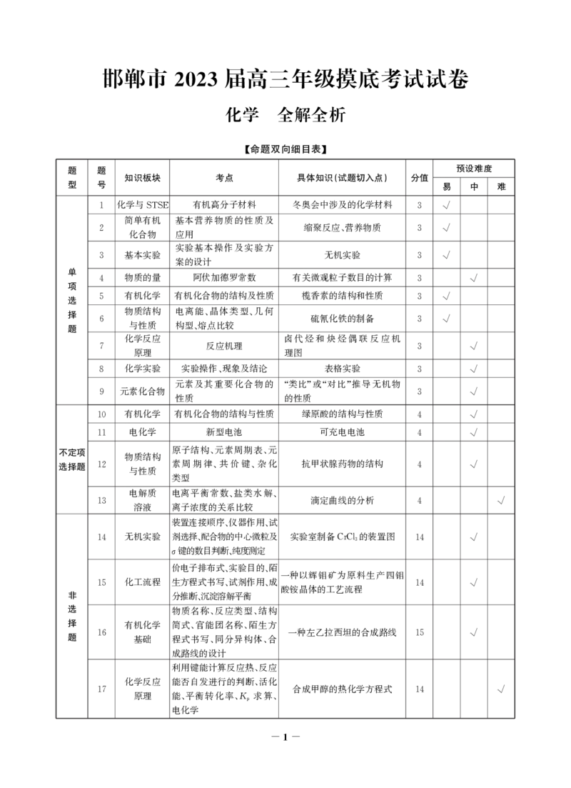 高三化学答案_05高考化学_高考模拟题_新高考_2023河北省邯郸市高三上学期摸底考试化学