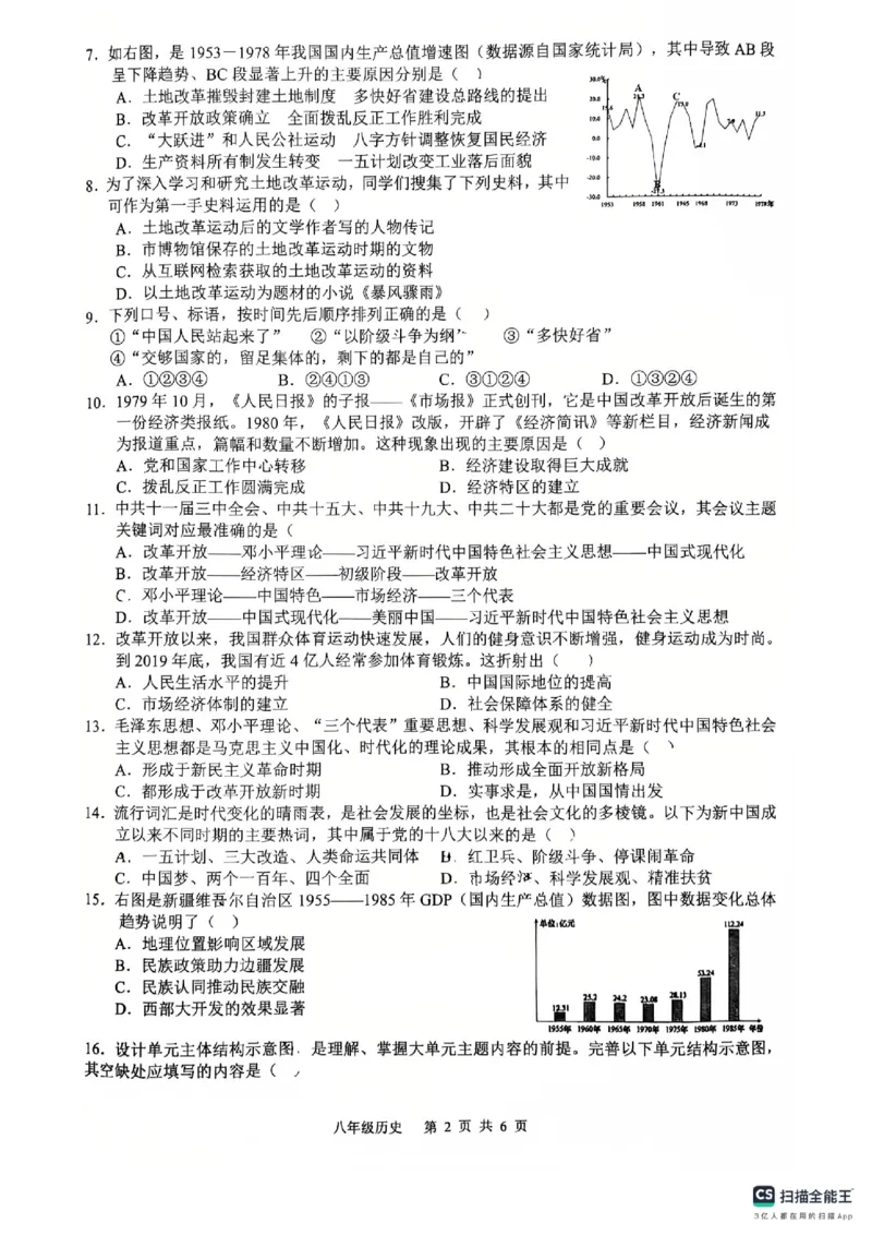 8历期末安徽省合肥市五十中学西校2024-2025学年八年级下学期6月期末历史试题_新八下历史_13、月考真题试卷