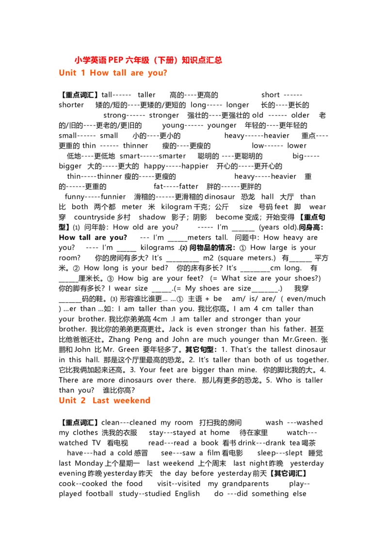 人教PEP版英语6年级下册知识点归纳_《小学各科知识点》_小学英语《知识梳理》3-6年级上下册_下册_人教PEP版小学英语3-6年级下册