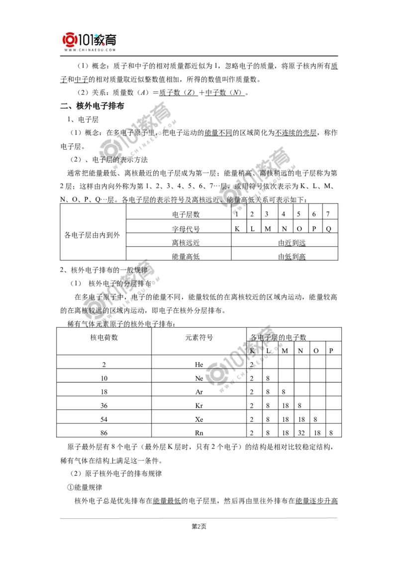 必修1第四章第一节原子结构与元素周期表（1）_新人教版高中化学必修一、二_新人教版高中化学必修上册_101教育高一化学配套学案和练习