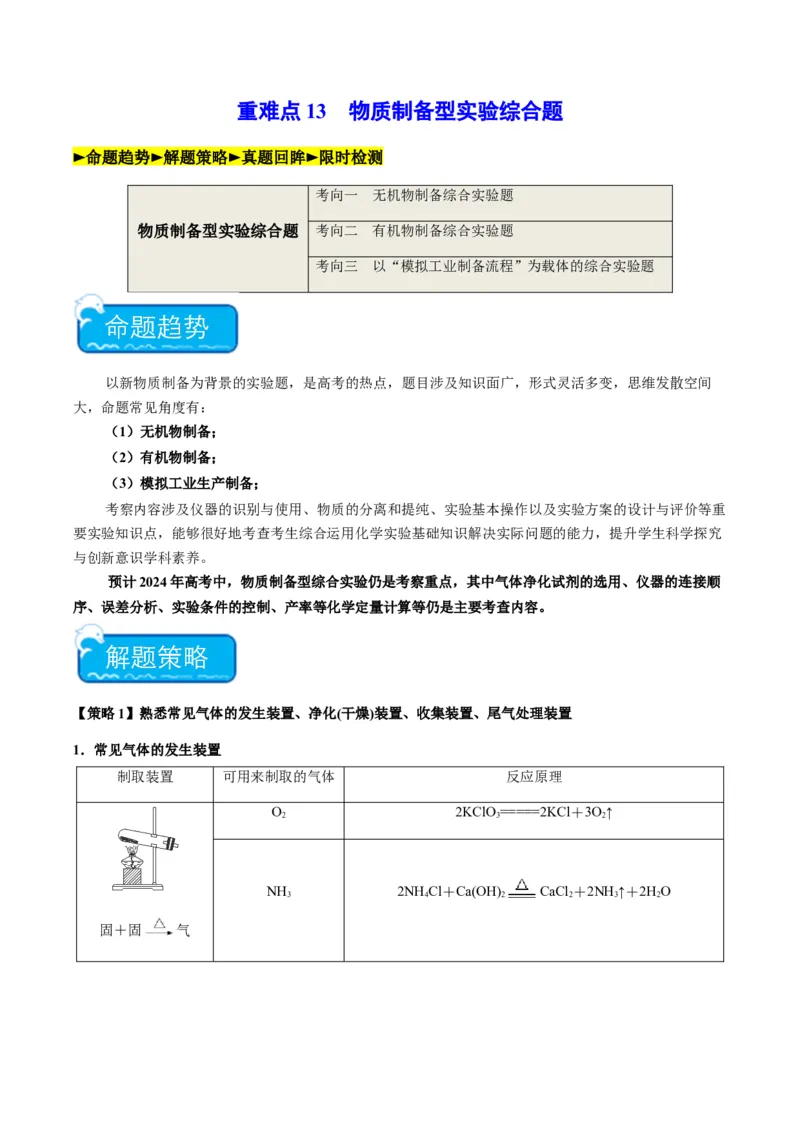 重难点13物质制备型实验综合题-2024年高考化学热点&middot;重点&middot;难点专练（新高考专用）（原卷版）_05高考化学_2024年新高考资料_3.2024专项复习