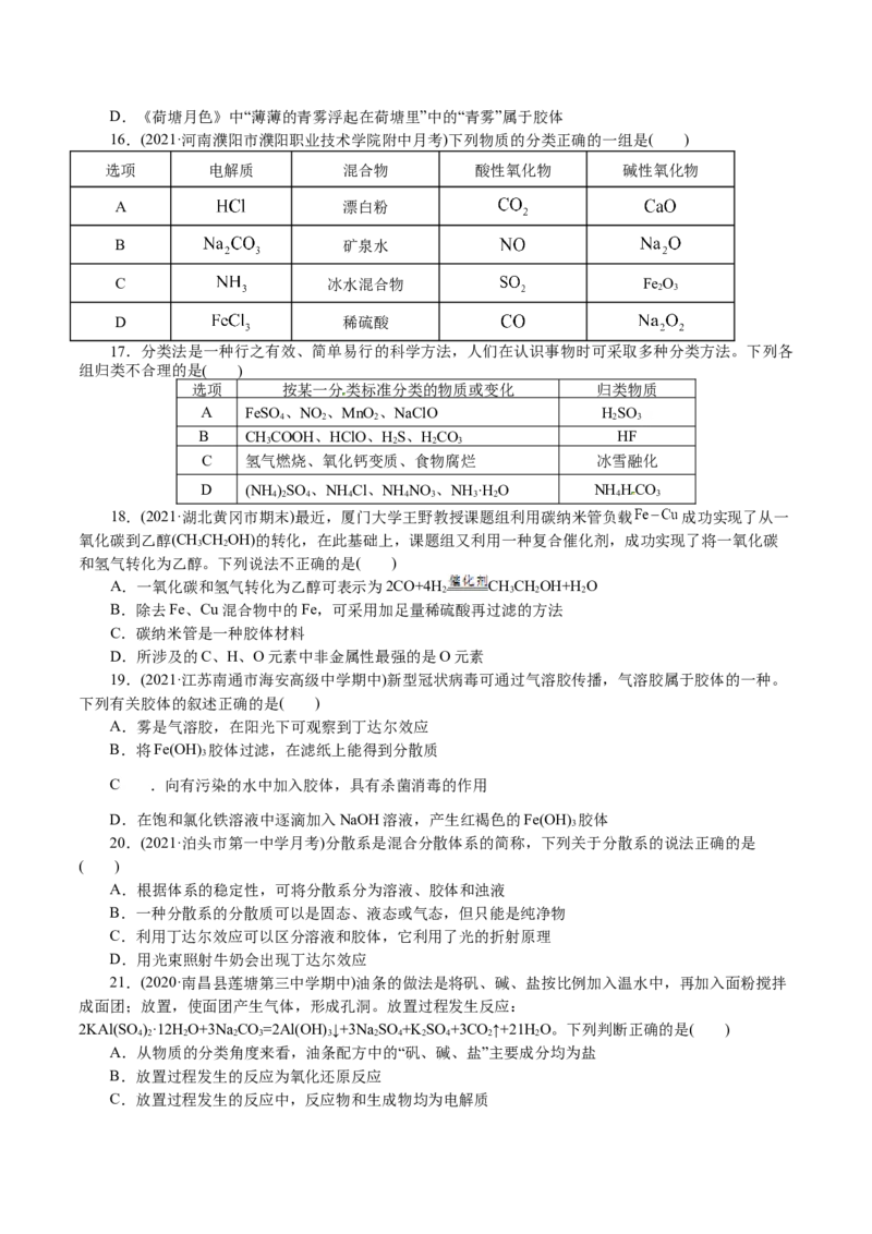 解密01物质的组成、分类和转化（分层训练）(原卷版)_05高考化学_新高考复习资料_2021新高考资料_高频考点解密2021年高考化学二轮复习讲义+分层训练4.7更新