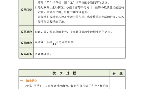 1认识小数_26春人教版数学三下_00、教案3套完整版_第1套表格式教案_7小数的初步认识