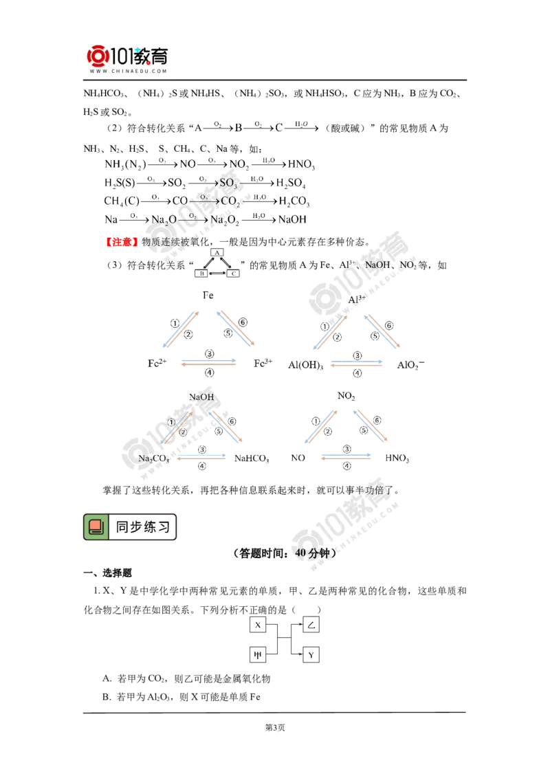 专题：元素及其化合物框图推断_新人教版高中化学必修一、二_新人教版高中化学必修下册_101教育学（下学期）配套学案和练习