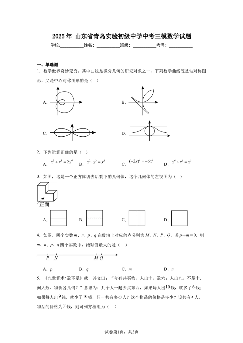 2024-2025学年山东省青岛实验初级中学九年级（下）中考三模数学试卷_2026春《初中一遍过》系列_2026《天星教育&bull;一遍过》（9年级下册)）(人教+北师）_2025全国各地中考数学模拟试卷