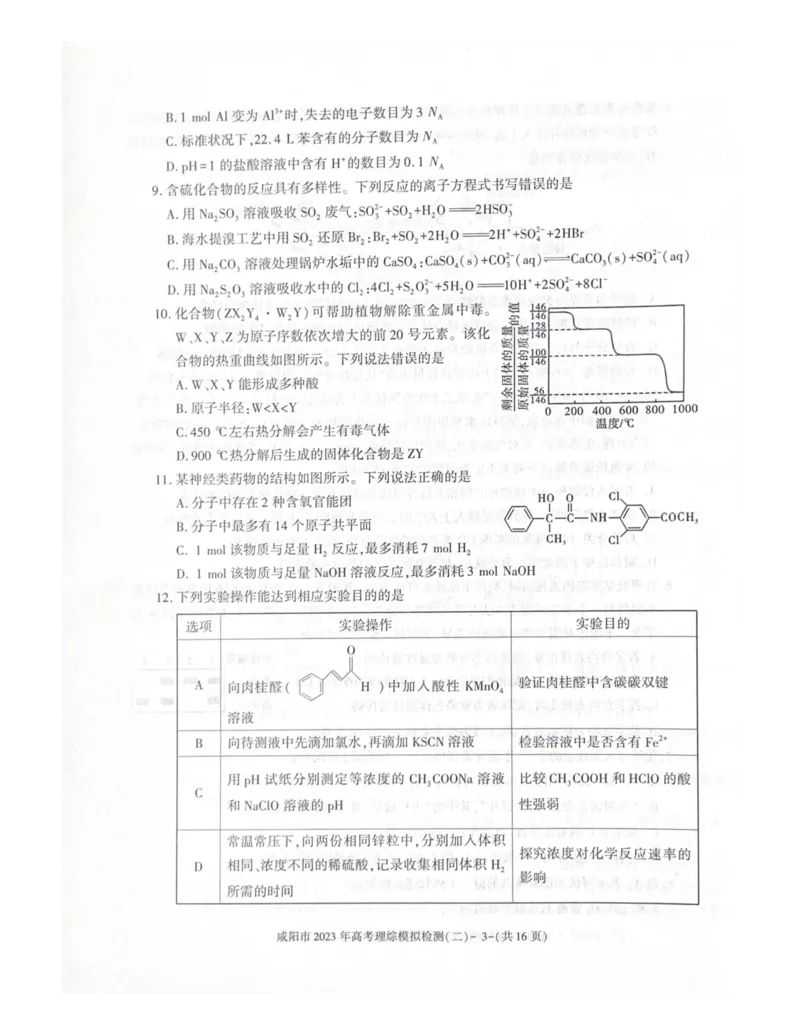 陕西省咸阳市2023年高考模拟检测（二）理综公众号：一枚试卷君_05高考化学_高考模拟题_新高考_陕西省咸阳市2023年高考模拟检测（二）理综