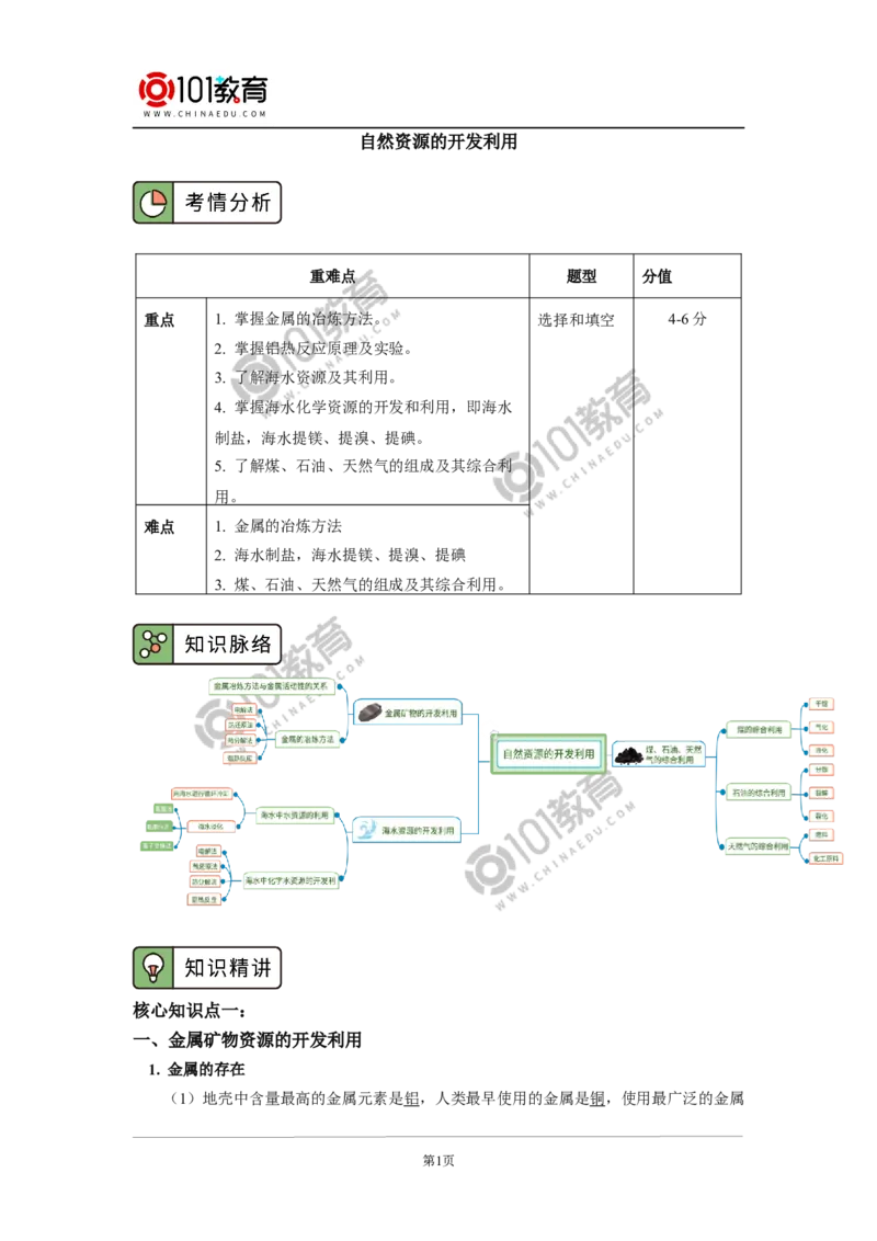 必修2第八章第一节自然资源的开发利用_新人教版高中化学必修一、二_新人教版高中化学必修下册_101教育学（下学期）配套学案和练习