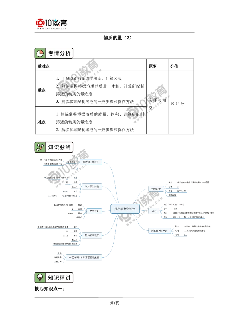 必修1第二章第三节物质的量（2）_新人教版高中化学必修一、二_新人教版高中化学必修上册_101教育高一化学配套学案和练习