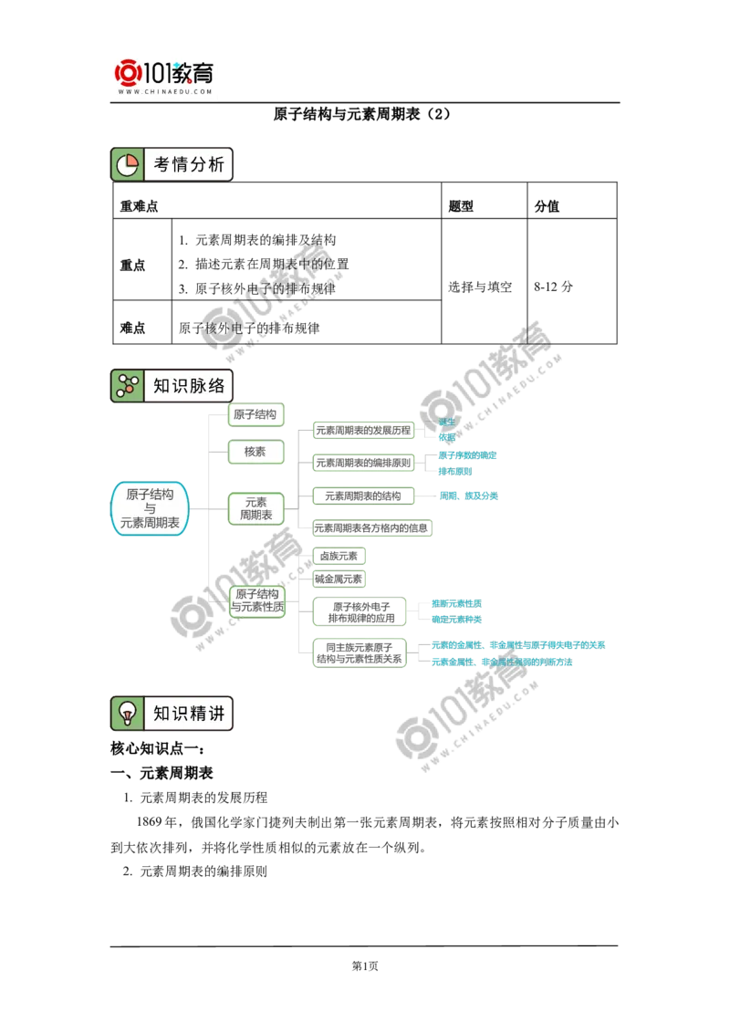 必修1第四章第一节原子结构与元素周期表（2）_新人教版高中化学必修一、二_新人教版高中化学必修上册_101教育高一化学配套学案和练习