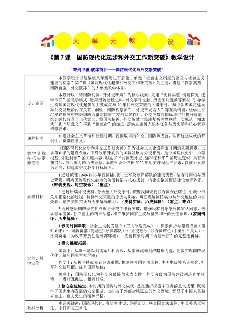 第7课国防现代化起步和外交工作新突破教学设计_新八下历史_00、更新资料3月23日_新版_第三套_第二套_2026春季新版-持续更新中_00.大单元教案+PPT课件+分层作业第2套已更完第13课