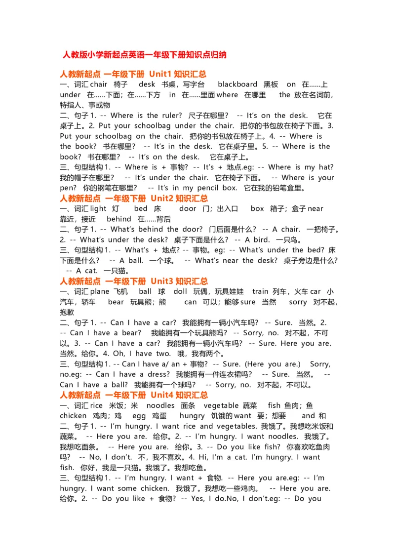 人教版新起点英语1年级下册知识点归纳_《小学各科知识点》_小学英语《知识梳理》3-6年级上下册_下册_人教新起点版小学英语1-6年级下册