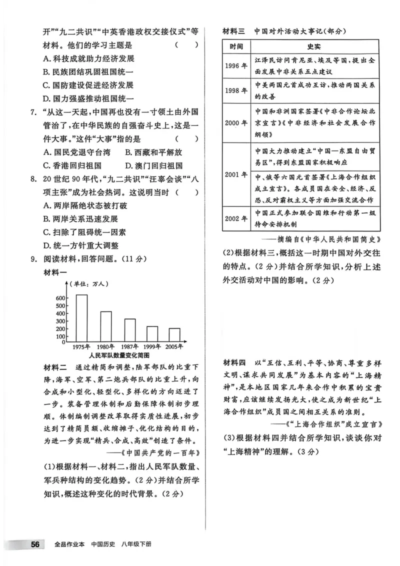1、2026春全品作业本全国版八下--历史人教--主书_新八下历史_09、课时练+单元测+答案解析