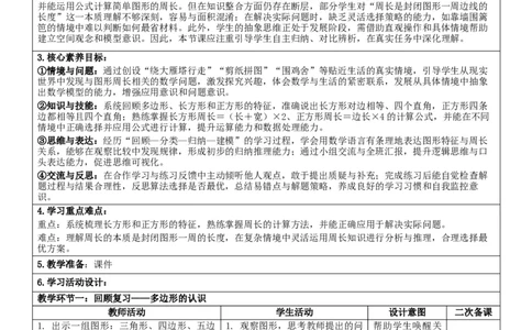 3.6整理和复习核心素养教案（表格式）三年级下册数学人教版_26春人教版数学三下_00、教案3套完整版_第2套表格式核心素养教案-全册合在一起_课课教案_第3单元长方形和正方形