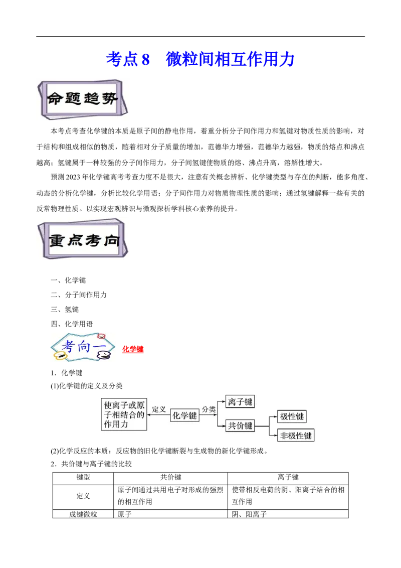考点8微粒间相互作用力（原卷版）_05高考化学_通用版（老高考）复习资料_2023年复习资料_一轮复习_备战2023年高考化学一轮复习考点帮（全国通用）