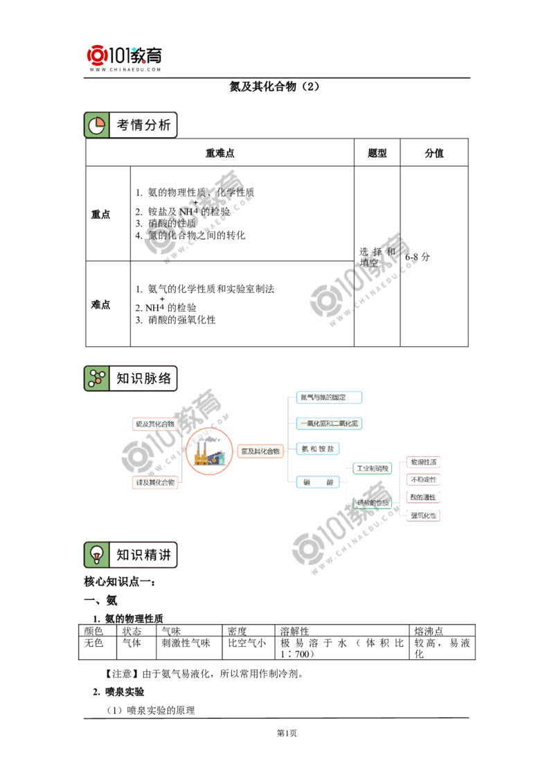 必修2第五章第二节氮及其化合物（2）_新人教版高中化学必修一、二_新人教版高中化学必修下册_101教育学（下学期）配套学案和练习