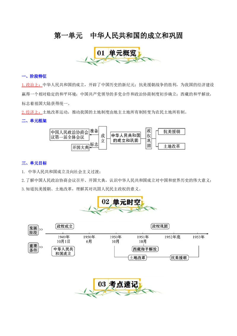 （知识清单）第一单元中华人民共和国的成立和巩固-_新八下历史_00、更新资料3月23日_第二套(4)_单元知识复习专项-U89_2024版