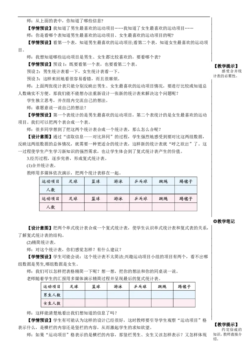 复式统计表教案_26春人教版数学三下_00、更新资料3月18日_教学设计(3)_教案_教案2+导学案人教三下数学_教案_3复式统计表