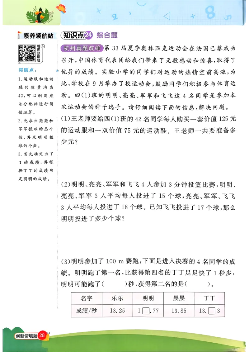 四下创新情景题应用阳光同学26春人教_26春人教版数学三下_09、练习题+试卷合集_-26春《计算小达人》_26春《阳光同学计算小达人》人教4下