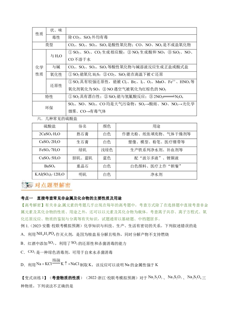 高考解密11常见非金属及其重要化合物（讲义）-高频考点解密2023年高考化学二轮复习讲义+分层训练（新高考专用）（原卷版）_05高考化学_新高考复习资料_2023年新高考资料_二轮复习