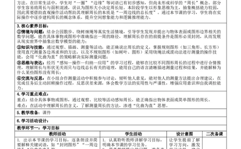 3.2周长核心素养教案（表格式）三年级下册数学人教版_26春人教版数学三下_00、教案3套完整版_第2套表格式核心素养教案-全册合在一起_课课教案_第3单元长方形和正方形