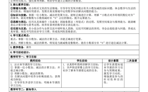 6.3简单的小数加、减法核心素养教案（表格式）三年级下册数学人教版_26春人教版数学三下_00、教案3套完整版_第2套表格式核心素养教案-全册合在一起_课课教案