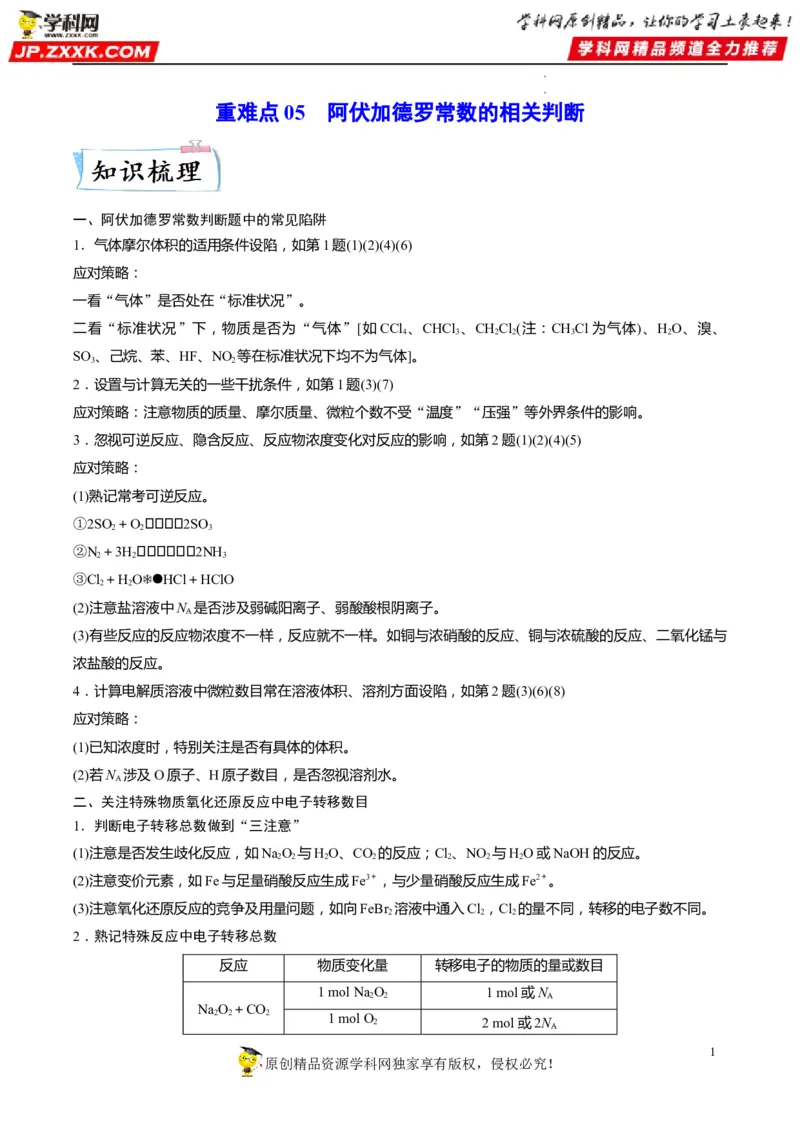 重难点05阿伏加德罗常数的相关判断（原卷版）_05高考化学_新高考复习资料_2023年新高考资料_专项复习_2023年高考化学热点&middot;重点&middot;难点专练（新高考专用）_470