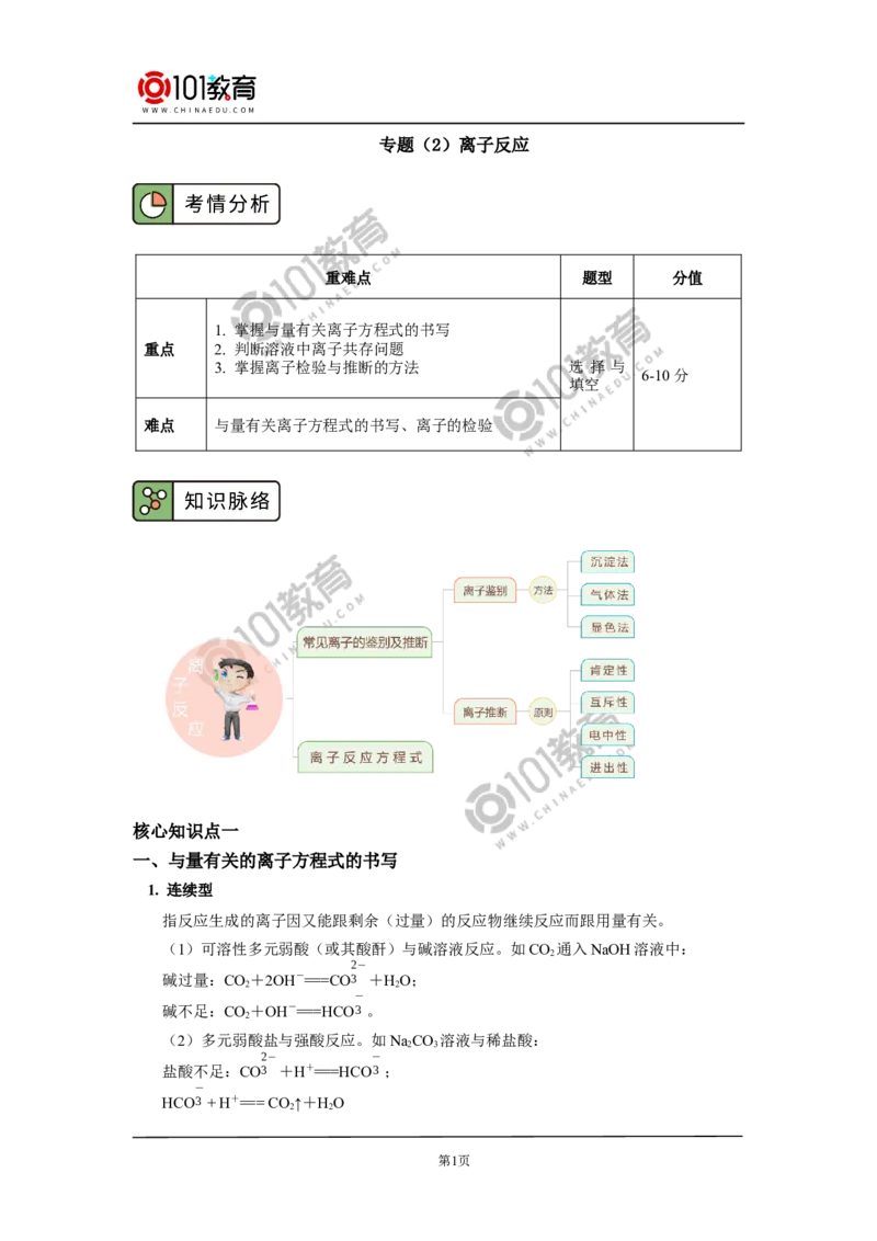 专题：离子反应_新人教版高中化学必修一、二_新人教版高中化学必修上册_101教育高一化学配套学案和练习