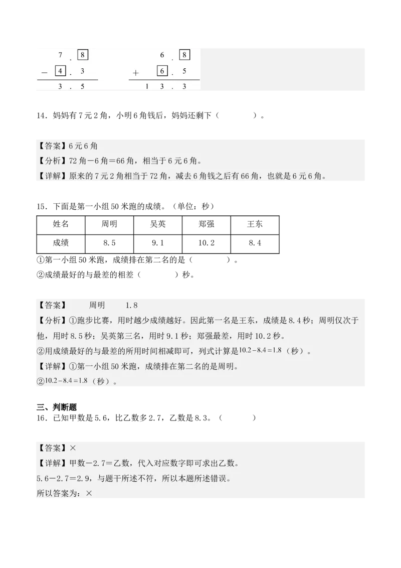 7.2、简单的小数加、减法（重难点讲解+知识总结+同步练习+答案解析）（教师版）-（人教版）(2)_26春人教版数学三下_00、更新资料3月18日_单元复习专项-K48_2025版