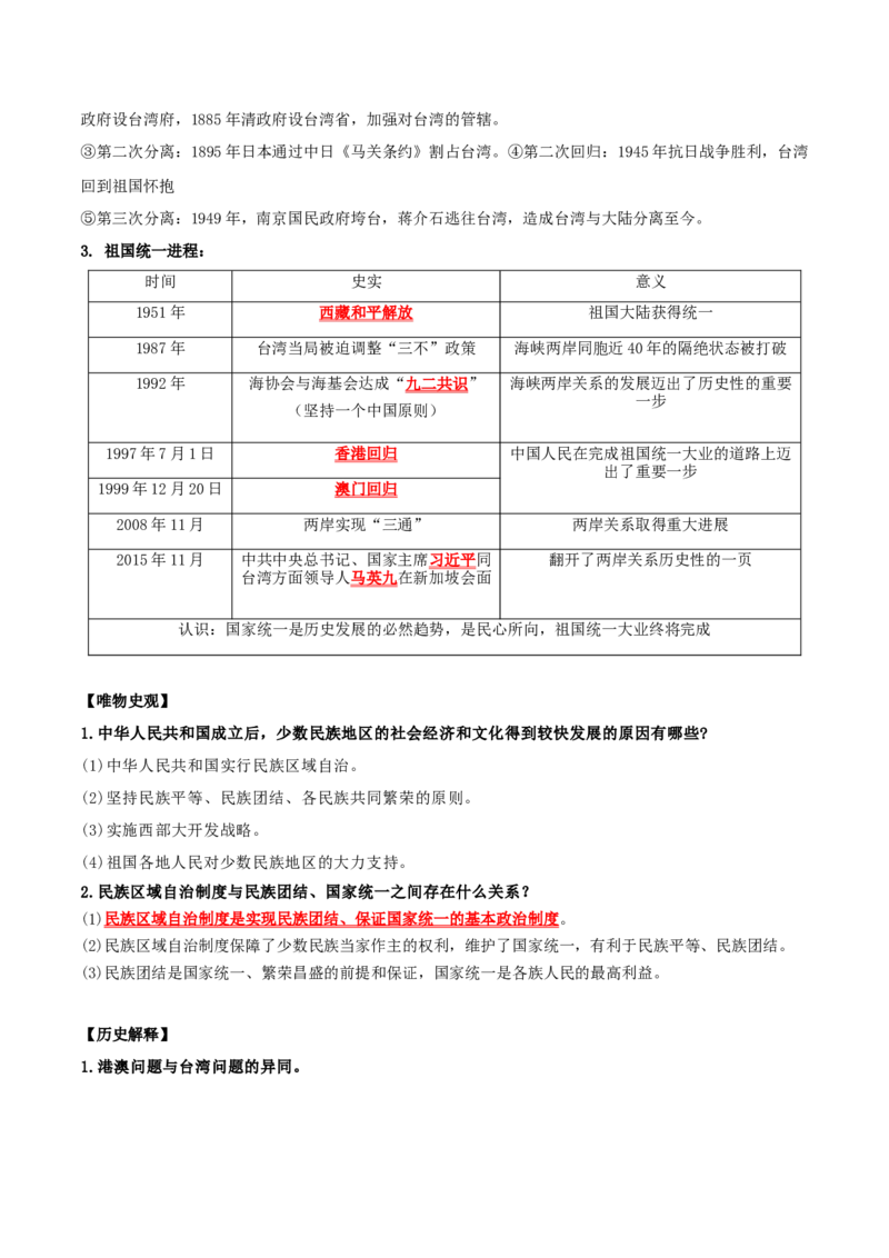 （知识清单）第四单元民族团结与祖国统一-_新八下历史_00、更新资料3月23日_第二套(4)_单元知识复习专项-U89_2024版