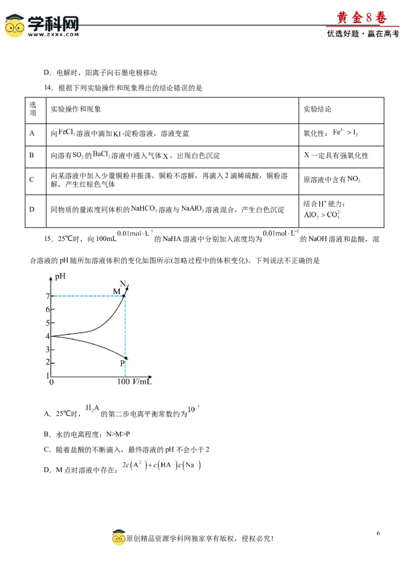 黄金卷08-赢在高考黄金8卷备战2024年高考化学模拟卷（辽宁专用）（原卷版）_05高考化学_2024年新高考资料_4.2024高考模拟预测试卷