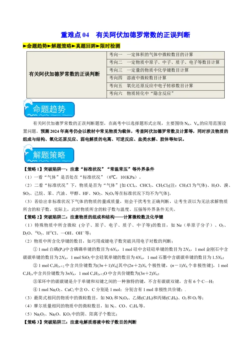 重难点04有关阿伏加德罗常数的正误判断-2024年高考化学热点&middot;重点&middot;难点专练（新高考专用）（原卷版）_05高考化学_新高考复习资料_2024年新高考资料_❤专项复习资料