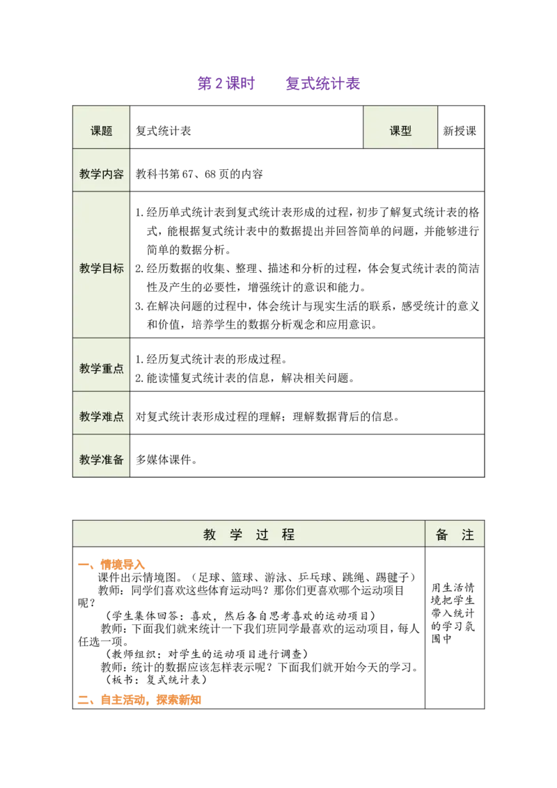 2复式统计表_26春人教版数学三下_00、教案3套完整版_第1套表格式教案_5数据的收集与整理