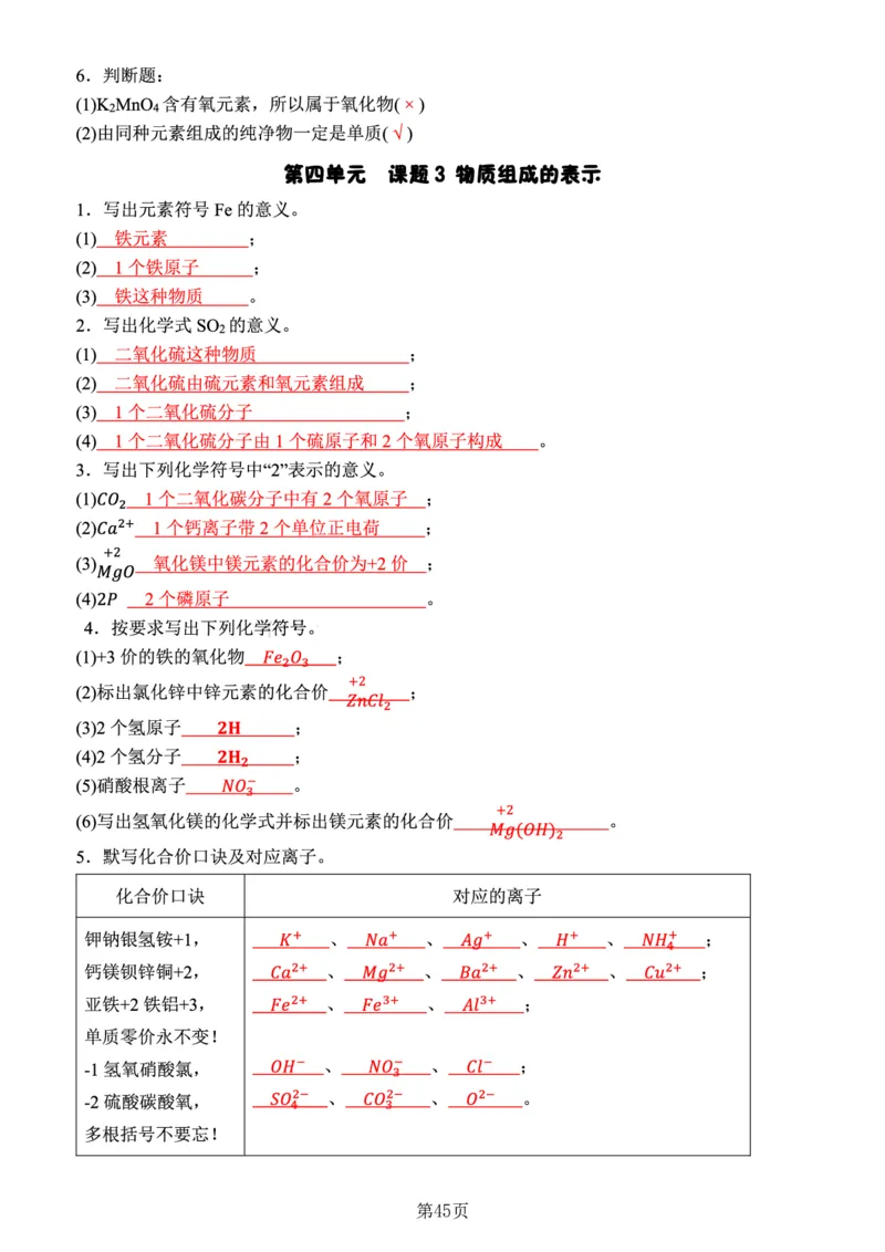 24新教材人教版九上化学复习知识清单（附答案）_24秋《初中各科知识点梳理》_2024秋《名师总结》知识点789年级全科_24秋《名师总结》知识点九年级全科